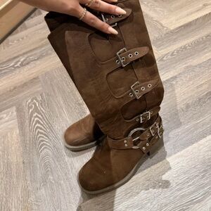 Stylish Brown Over the Knee Boots with Buckle Details